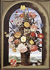 Ambrosius Benson Paintings - Bouquet in an Arched Window by Ambrosius Bosschaert the Elder